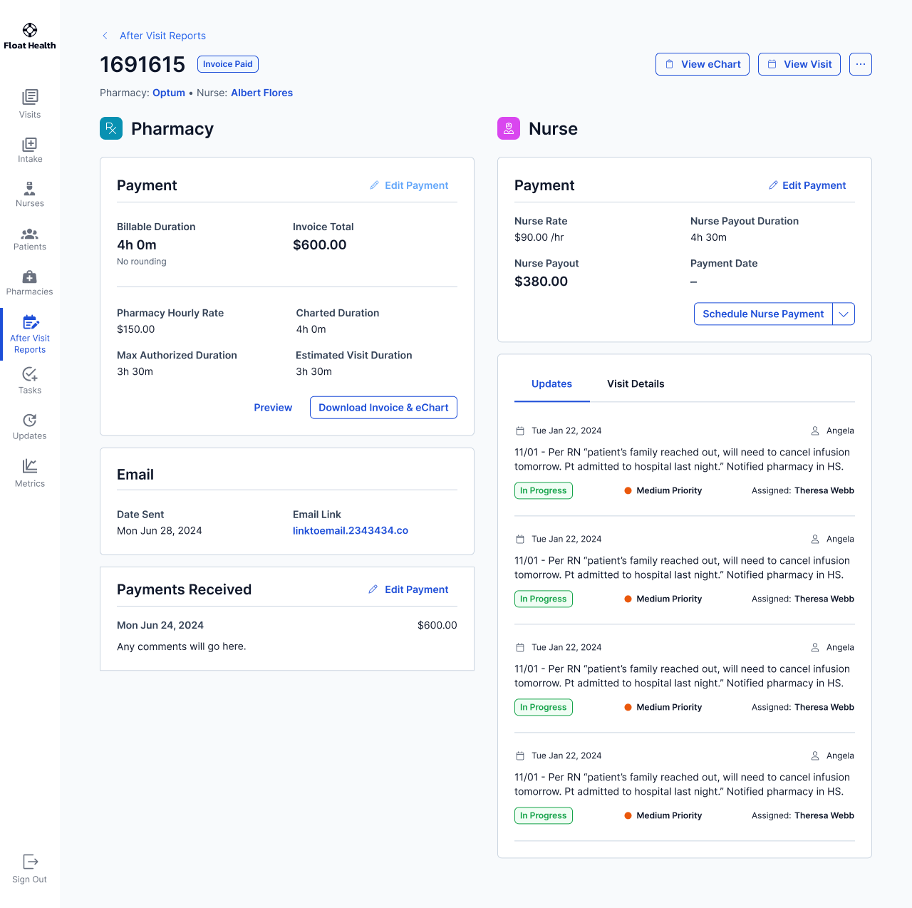Payment confirmed state with reason for change surfaced for auditing