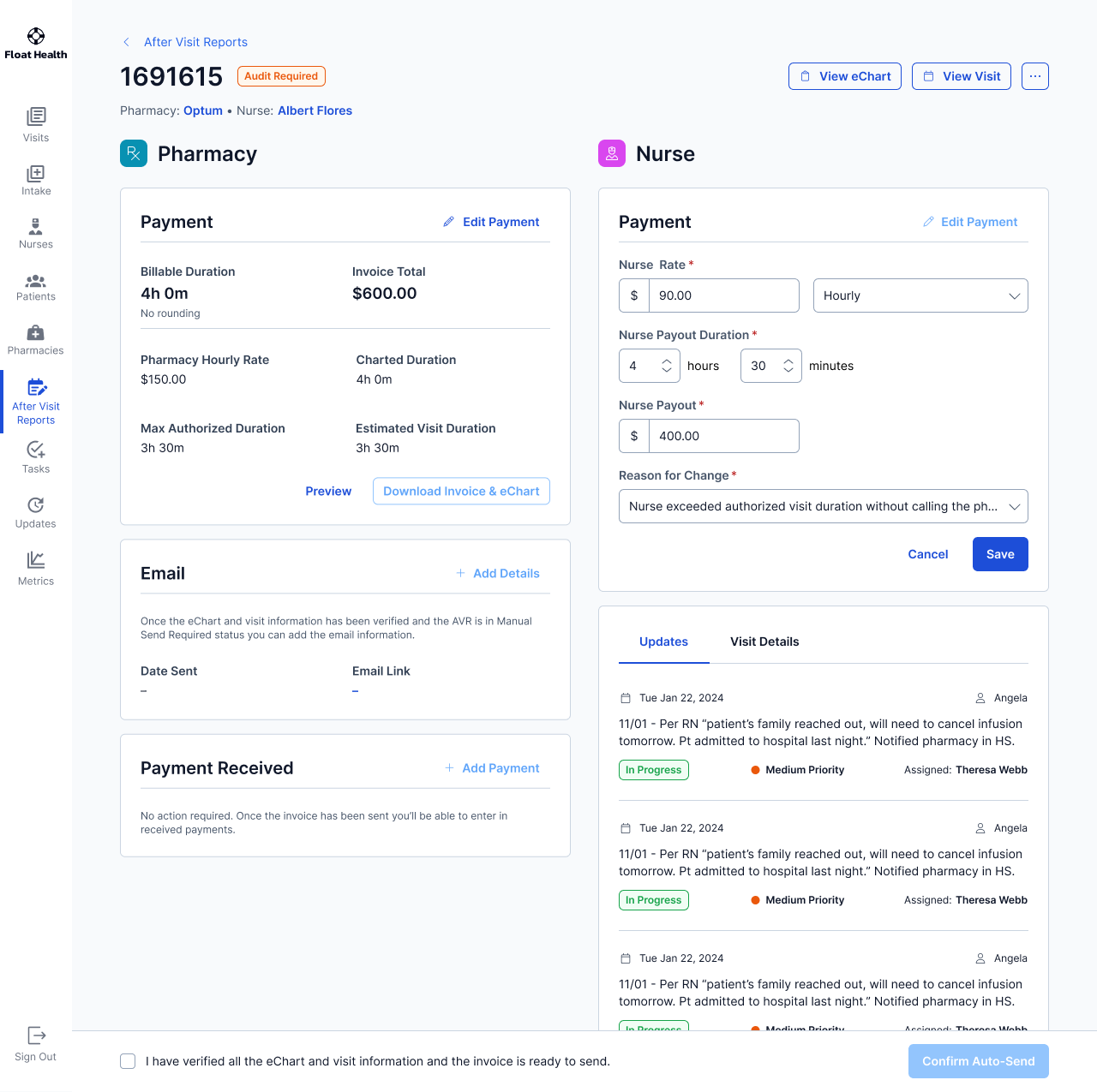 Hourly nurse payment path that supports manual review before payout