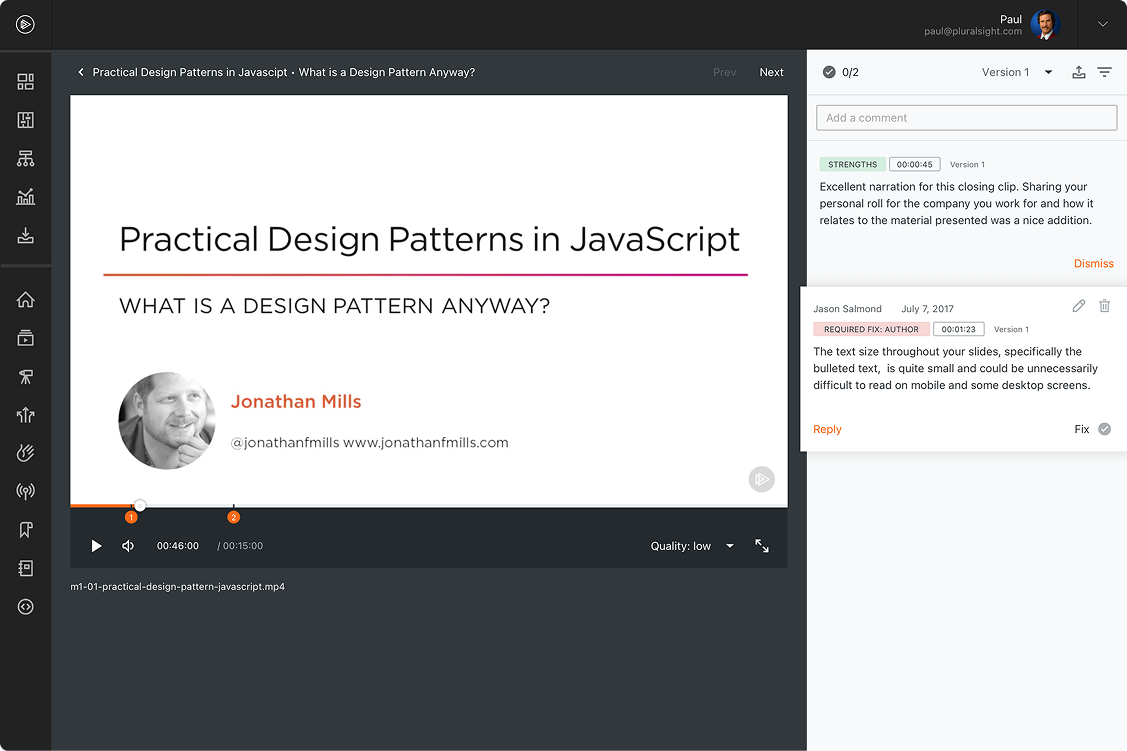 A detailed view of the authors clip comments, showing feedback from editors and allowing authors to respond directly within the tool.