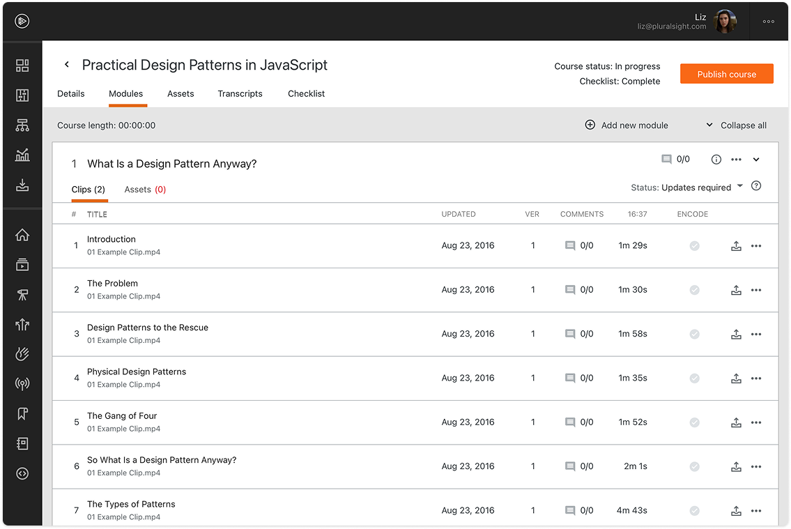 Authors view all their course clips in one place, with status indicators and quick access to editing.
