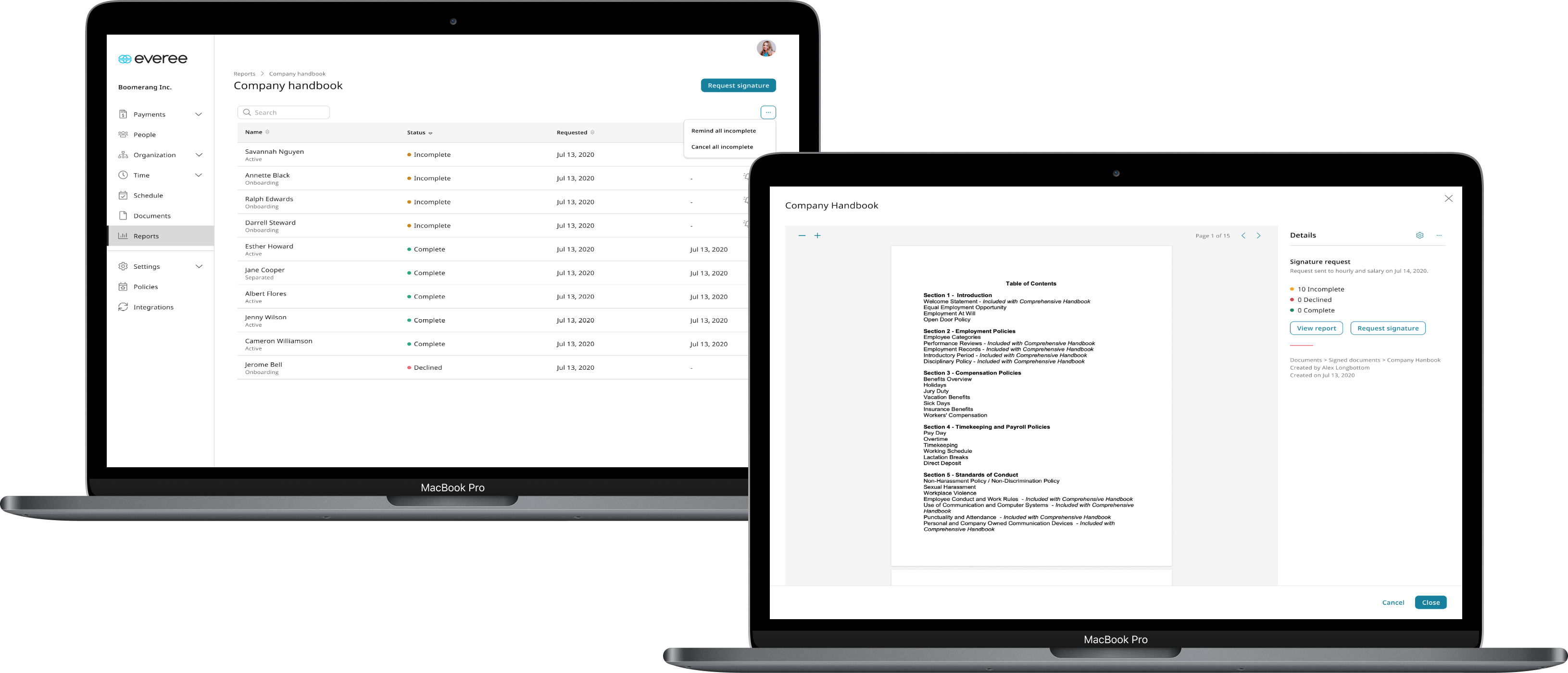 The admin view and settings for the document.