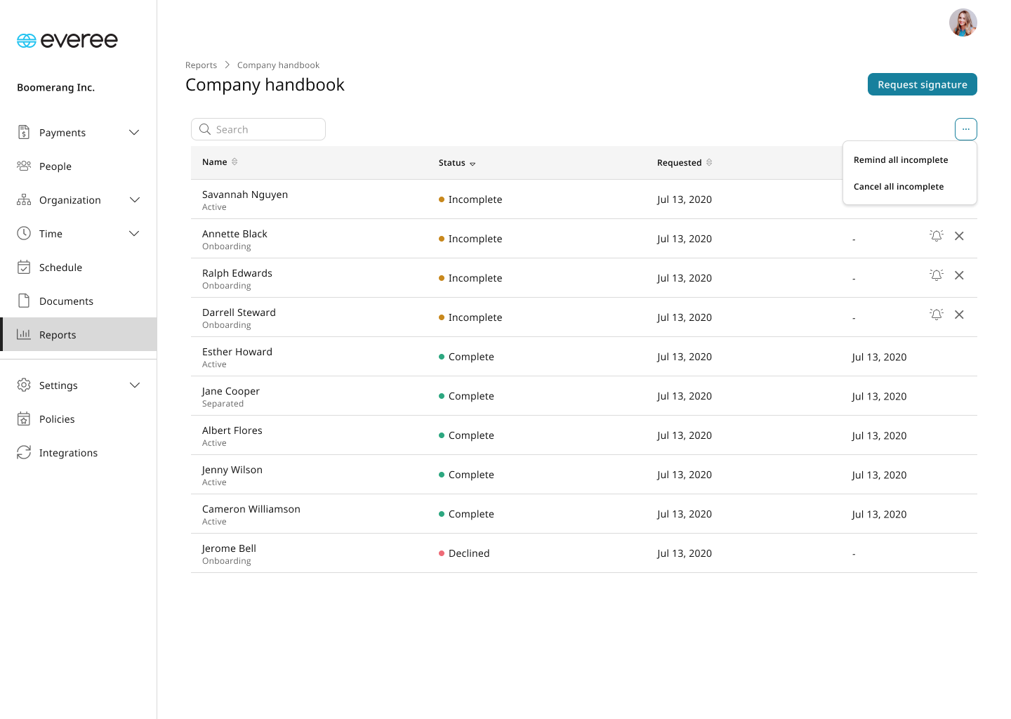 Admin view for managing document templates and tracking signature status