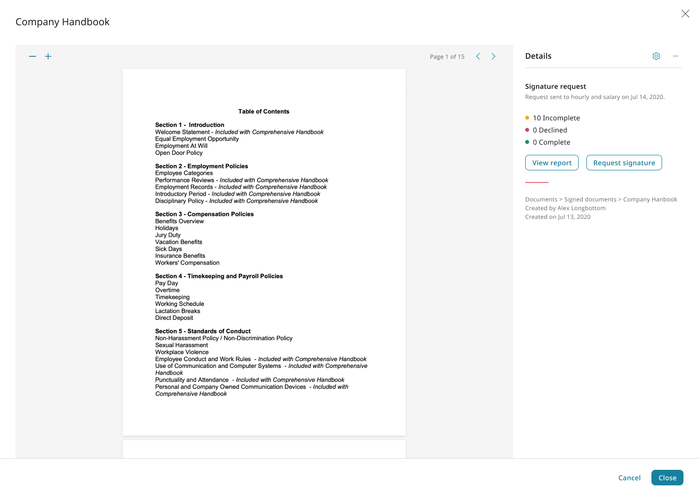 Admin view for managing document templates and tracking signature status