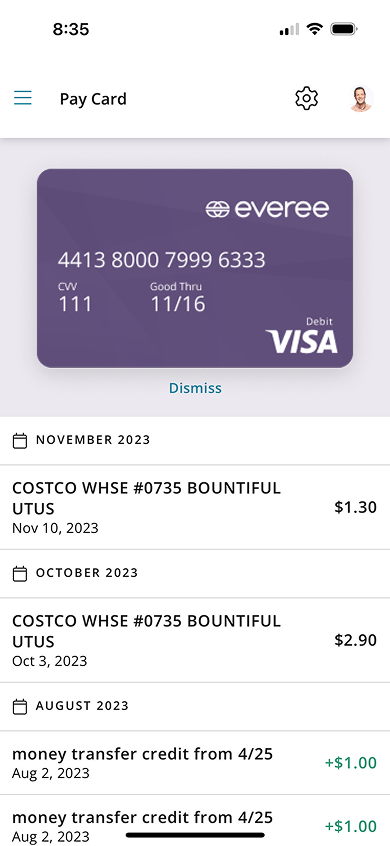 Pay card confirmation screen