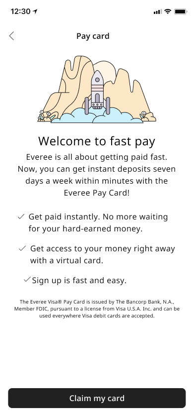 Pay card claim screen