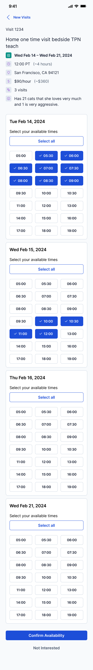 Nurse selecting a day and time they are available.