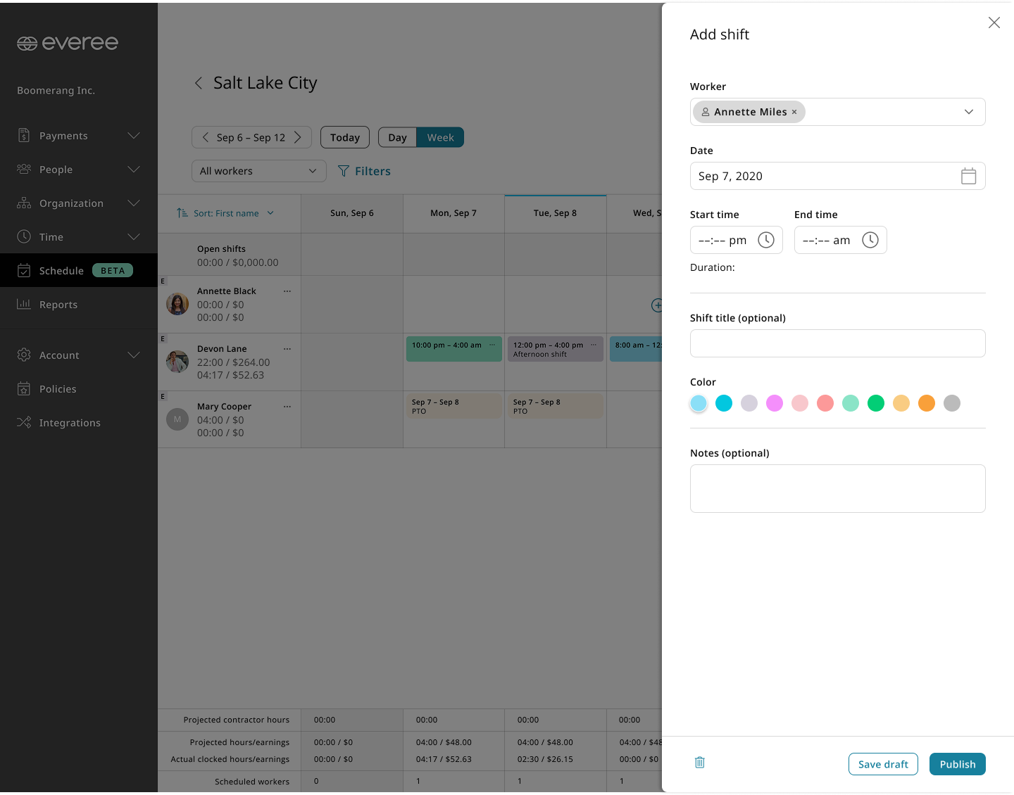 Add-shift panel for assigning a worker to a time slot