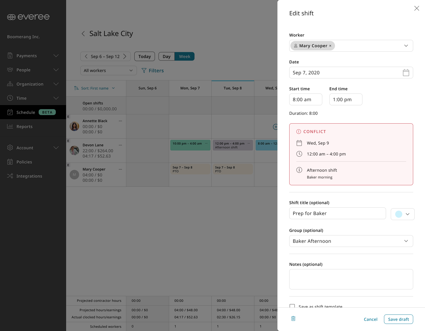 Scheduling conflict flagged where two shifts overlap